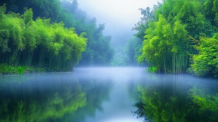 Canvas Print - A serene misty landscape with lush bamboo and calm water reflecting the greenery.