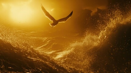 Wall Mural - A seagull soaring over tumultuous golden waves at sunset.