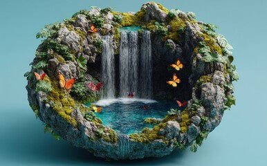 Wall Mural - A serene miniature landscape featuring waterfalls, a pool, and butterflies amidst lush greenery.