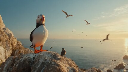 Sticker - A puffin stands on a rocky cliff with seabirds flying over a serene ocean at sunset.