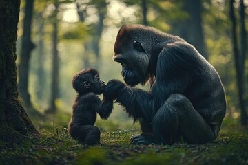 Sticker - A tender moment between a mother gorilla and her baby in a serene forest setting.