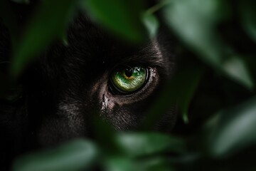 Poster - Close-up of a green-eyed animal peering through lush green leaves.