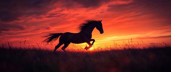 Sticker - A silhouette of a horse galloping against a vibrant sunset backdrop.