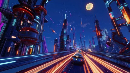 Poster - Futuristic cityscape featuring neon lights and a dynamic roadway.