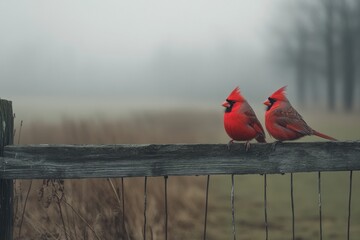 Poster - Two vibrant red cardinals perched on a weathered fence in a misty landscape.