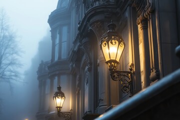 Poster - A foggy street scene featuring ornate lanterns illuminating an elegant building facade.