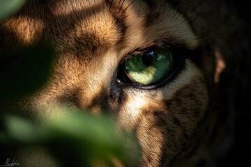 Poster - Close-up of a leopard's eye with vibrant green iris, partially obscured by shadows and foliage.