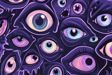 Poster - A vibrant array of stylized eyes against a dark background showcasing various colors and expressions in a surreal design. Generative AI