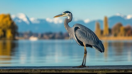 Sticker - A heron stands by a serene lake with mountains in the background, showcasing nature's beauty.