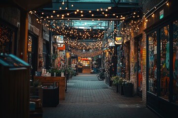 Poster - A cozy alleyway adorned with string lights, shops, and vibrant street art.