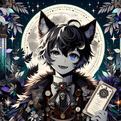 A young girl in a wolf costume, with a scary smile on her face, holds a black card with the word 