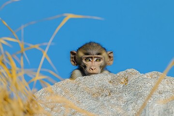 Poster - A young monkey peeks over a rock against a clear blue sky, surrounded by dry grass.