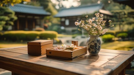 Sticker - A serene outdoor setting with a wooden table, traditional food, and a vase of flowers.