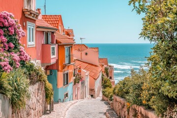 Wall Mural - A colorful coastal street with blooming flowers and a view of the ocean.