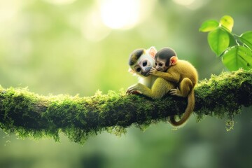 Sticker - Two monkeys cuddling on a mossy branch in a lush, green environment.