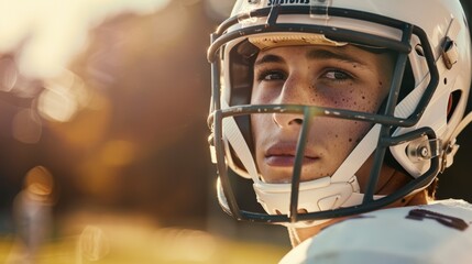 A portrait of a player dressed in a crisp white jersey and helmet confidently surveying the field with determination.