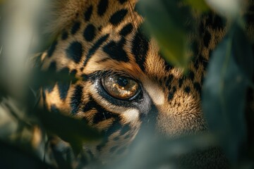 Canvas Print - Close-up of a jaguar's eye peering through foliage, showcasing its striking features.