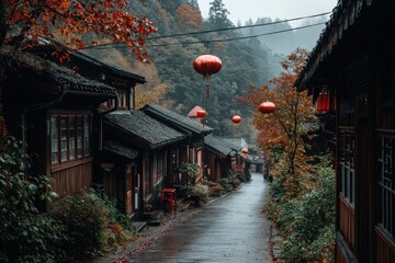 Sticker - A serene, autumnal street lined with traditional wooden houses and red lanterns.