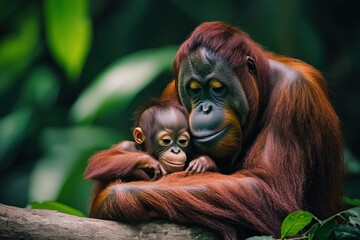 Poster - A tender moment between an adult orangutan and its baby in a lush, green environment.