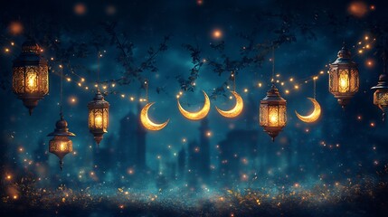 Poster - Captivating vector illustration of eastern lanterns and crescent moons forming a beautiful garland for Ramadan with intricate patterns and golden hues to celebrate the festive spirit