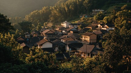 Poster - Scenic view of a village nestled in lush greenery during golden hour.