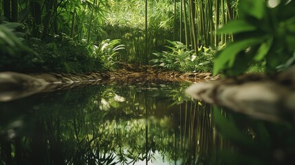 Sticker - A serene jungle scene with a reflective stream surrounded by lush greenery.