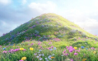 Sticker - A vibrant, flower-covered hill under a bright sky, evoking a sense of tranquility and nature.