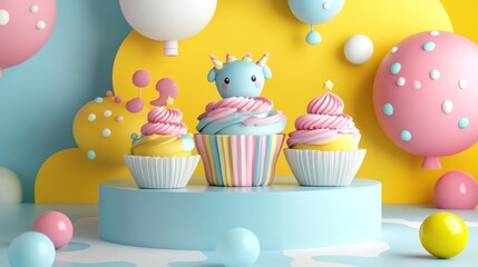 Canvas Print - A whimsical scene featuring colorful cupcakes and playful decorations.