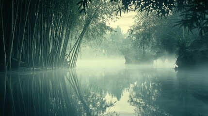 Wall Mural - Serene misty landscape with bamboo and calm water reflecting the tranquil atmosphere.