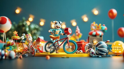 Poster - A vibrant scene featuring playful animal characters with bicycles and festive decorations.