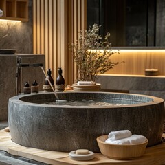 Poster - A serene bathroom featuring a stone tub, natural decor, and calming ambiance for relaxation.