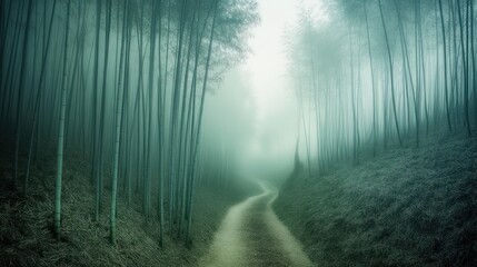 Poster - A misty path winding through a serene bamboo forest.