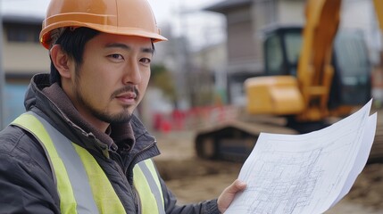 Poster - Japanese engineer studying blueprints on-site with construction equipment in the background, showcasing advanced engineering techniques