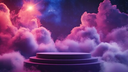 Wall Mural - a vibrant cosmic scene with colorful clouds and a circular platform under a starry sky.