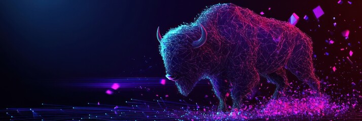 Sticker - A stylized bison made of vibrant particles, symbolizing strength and energy.