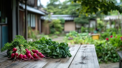 Canvas Print - Freshly harvested vegetables on a wooden table with a garden backdrop.