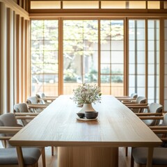 Wall Mural - A serene dining room with a large wooden table and floral centerpiece, inviting gatherings.