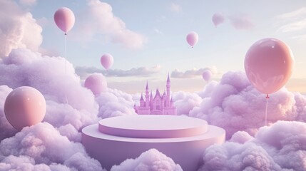 Wall Mural - A dreamy landscape featuring a pink castle among fluffy clouds and balloons.