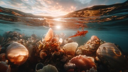 Wall Mural - Underwater scene showcasing shells and a lobster with a sunset backdrop.