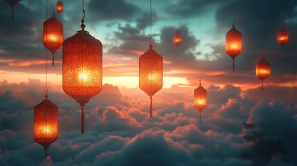Poster - Charming paper cut style banner with multiple hanging lanterns featuring intricate designs set against a dreamy sky background allowing for space to add text