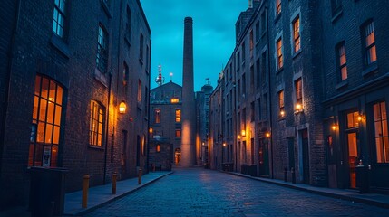 A serene street scene at dusk, featuring warm lights and historic brick buildings.