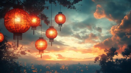 Poster - Charming paper cut style banner with multiple hanging lanterns featuring intricate designs set against a dreamy sky background allowing for space to add text
