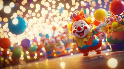 Poster - A colorful clown in a festive setting, surrounded by balloons and sparkling lights.