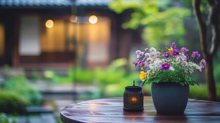 Wall Mural - A serene garden scene featuring a flower pot and lantern on a wooden table.