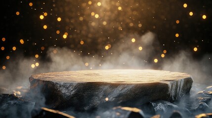 Canvas Print - A textured stone platform illuminated by gold shimmer and surrounded by steam, lights, and sparkles on a dark background, ideal for product display.