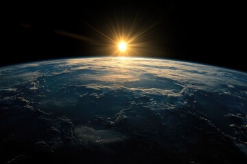 Wall Mural - earth and sun rising over its horizon, black background.