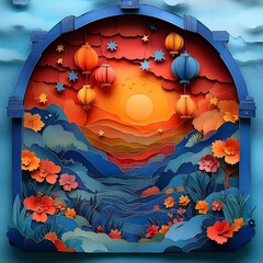 Poster - Charming paper cut style design featuring layered lanterns and stars in bright colors set against a vibrant sunset background allowing for space for text in the center