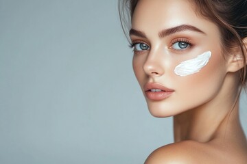 Portrait of a young woman with cream on her face, a skin care concept.