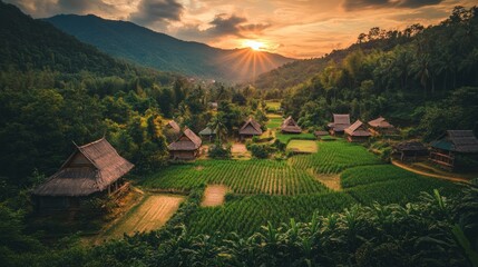 Sticker - Serene sunset over a rural village surrounded by lush greenery and rice fields.