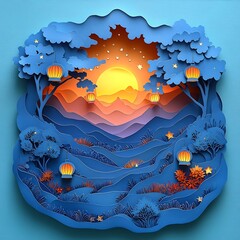 Poster - Charming paper cut style design featuring layered lanterns and stars in bright colors set against a vibrant sunset background allowing for space for text in the center